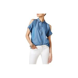 Michael Kors Denim‎ Cold Shoulder Button Up Shirt Women's Size M Blue